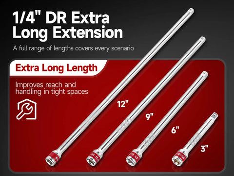 Four chrome extensions for 7 Piece Socket Extension Set Quarter Inch Drive With Adapters And U Joint Includes Auto Repair And Home Projects