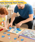 Child and adult assembling puzzle with 26 Pack Mesh Zipper Pouch Bags With 8 Sizes And Colors nearby for storage.