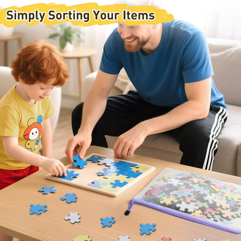 Child and adult assembling puzzle with 26 Pack Mesh Zipper Pouch Bags With 8 Sizes And Colors nearby for storage.