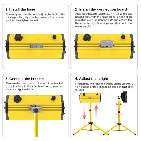 Assembly steps for Beast 2000W Infrared Paint Curing Lamp with Adjustable Stand showing installation and height adjustment instructions