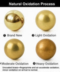 10 Pack Unlacquered Brass Cabinet Knobs And Pulls Set showing natural oxidation stages from brand new to heavy patina