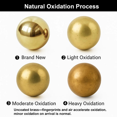 10 Pack Unlacquered Brass Cabinet Knobs And Pulls Set showing natural oxidation stages from brand new to heavy patina