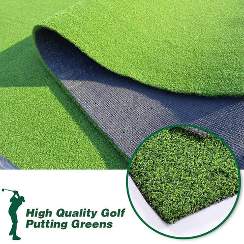 Close-up of Ultra Thick Golf Turf Pro Putting Green Mat 7ft By 13ft For Indoor Outdoor Practice with synthetic grass texture.