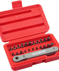 Ultra Low Profile Screwdriver Bit Set With Mini Ratchet Wrench For One Quarter Inch Drive, Twenty Three Piece, S2 Steel Bits In A Compact Blow Molded Case Handy For Tight Spaces And Auto Electronics And Furniture Repairs in open red case