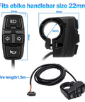 Handlebar switch for Ride-Ready Electric Bicycle Light Kit With Turn Signals, mount dimensions, and 1.5m wire length shown