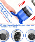 Universal Faucet Aerator Remover Tool Set With Five Heavy Duty Keys For No Sweat Clogged Sink Cleanup And Smooth Twist Swap On Residential Kitchen And Bathroom Fixtures, showing fitting guide for faucet aerators.