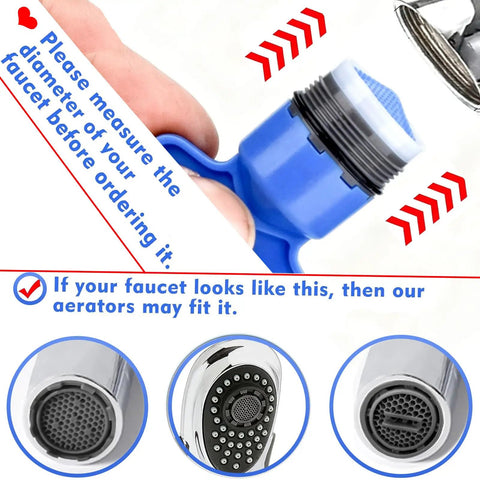Universal Faucet Aerator Remover Tool Set With Five Heavy Duty Keys For No Sweat Clogged Sink Cleanup And Smooth Twist Swap On Residential Kitchen And Bathroom Fixtures, showing fitting guide for faucet aerators.