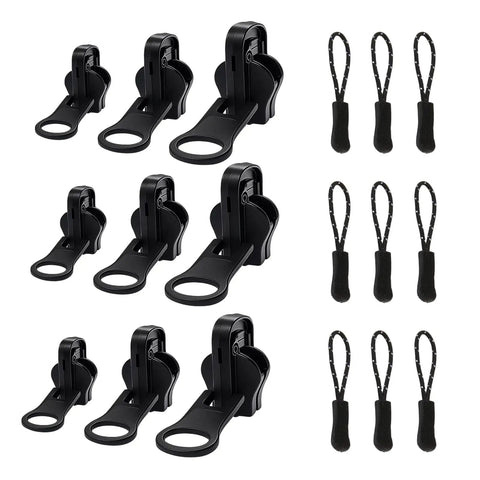 Universal Zipper Repair Kit 9 Pack With Small Medium Large Sliders And Three Zipper Pulls Per Size, black metal pulls visible