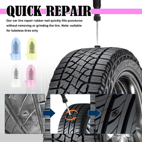 Detailed view of Self Service Tire Plugs Kit With Screwdriver 60Pcs Universal Emergency Tire Repair Tool and tire puncture repair process.