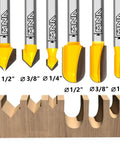 90 Degree V Groove And Round Nose Router Bit Set for Signmaking with 1/4 inch shank, precision carbide tips and wood example