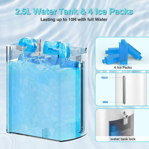 2.5L water tank with ice packs for Turbocharged Evaporative Air Cooler Tower Fan With Remote, shown with water tank lock.
