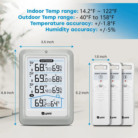 Wireless Indoor Outdoor Thermometer With 4.5 Inch Backlit Display Digital Hygrometer And Temperature Humidity Monitor Seriously Accurate Sensor With 330 Ft Range For Indoor And Outdoor Readings, showing main unit and three sensors.
