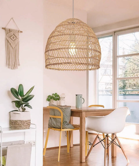 Rattan Chandelier Pendant Light Fixture With Handmade Basket Shade For Farmhouse Decor above modern dining table