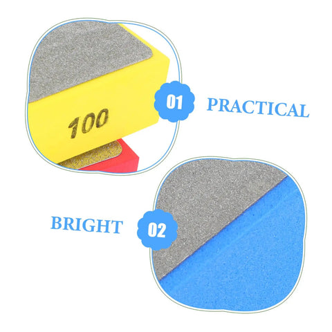 Close-up of Handheld Diamond Sanding Pads for Ceramic Tiles and Marble Polishing with yellow and blue blocks marked 100.