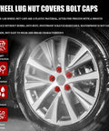 Car wheel with Red 17mm Lug Nut Covers 20 Piece Set With Removal Tool Anti Rust Hex Nut Caps For Most Vehicles showing protection