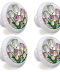 Colorful Tulip Cabinet Knobs 4 Pack For Kitchen And Bathroom In Stained Glass Style with pastel tulip petals and green leaves
