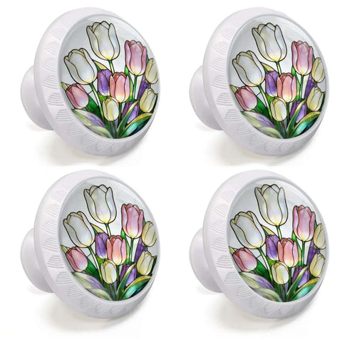 Colorful Tulip Cabinet Knobs 4 Pack For Kitchen And Bathroom In Stained Glass Style with pastel tulip petals and green leaves