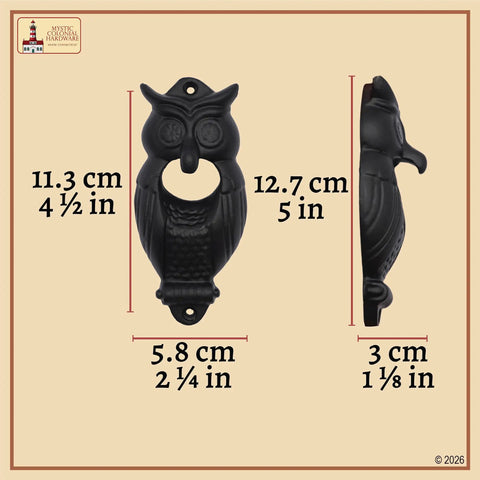 Solid Rockin Cast Iron Wall Mounted Bottle Opener Set Of Two Rustic Owl Design Heavy Duty Beer Cap Grabber dimensions on a background.
