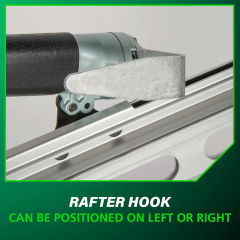Close-up of rafter hook on Top Shelf Pneumatic Framing Nailer With Smooth Operator Depth Tweaks And Heavy Duty Aluminum Magazine.