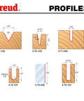 Diagram of Freud CNC router bit profiles for 8 Piece CNC Router Bit Signmaking Set with TiCo carbide and chromium