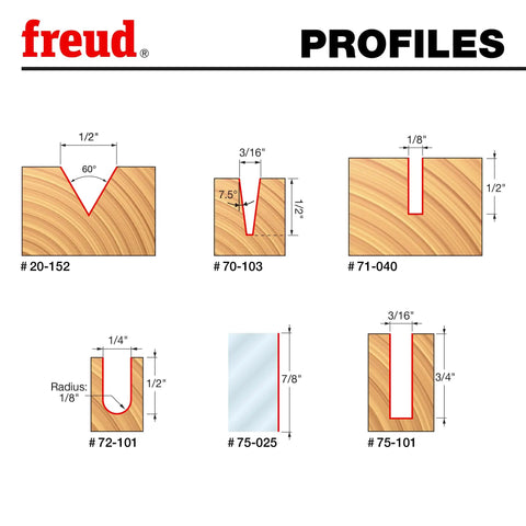 Diagram of Freud CNC router bit profiles for 8 Piece CNC Router Bit Signmaking Set with TiCo carbide and chromium