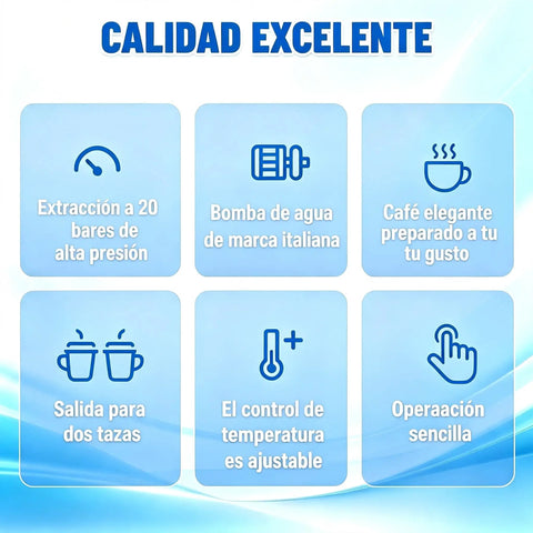 Features of the Solid Espresso Machine With Built In Grinder And Fast Milk Frother, including pressure extraction and adjustable temperature.
