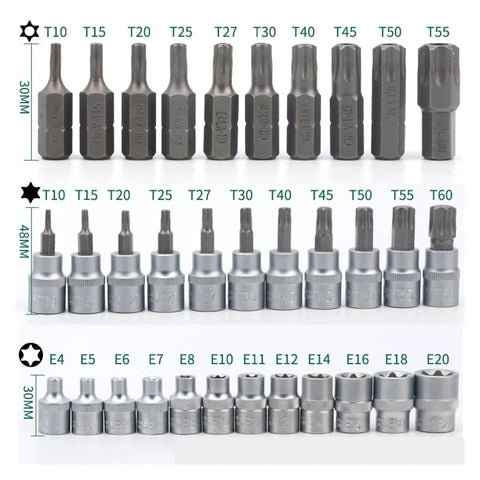 34 Pc Pro Torx Star Socket And Bit Set With Male And Female Security Bits Drive Hand Tool Kit For Heavy Duty Auto Repair And Tough Bolt Loosening Tasks, T10-E20