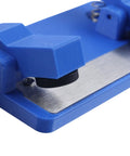 Close-up of the Super Grippy LED Strip Soldering Jig Helper with blue plastic frame and stainless steel plate for PCB hold down.