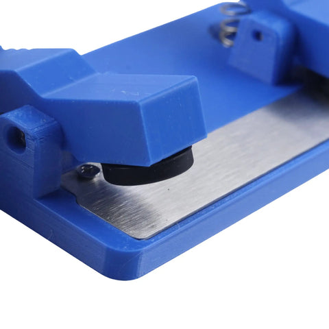 Close-up of the Super Grippy LED Strip Soldering Jig Helper with blue plastic frame and stainless steel plate for PCB hold down.