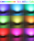 Nine color variations of Six Pack 3-Inch Smart WiFi Recessed LED Lights RGBCW Color Changing, Works With Alexa And Google Home.