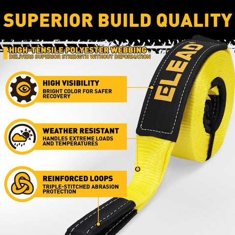 Beefed Up 3 Inch By 30 Foot Tow Strap Recovery Kit With Two Three Quarters Inch D Ring Shackles For Trucks SUVs And Off Road Ready Emergency Rope Tow Line And Shackle Set; features and benefits displayed