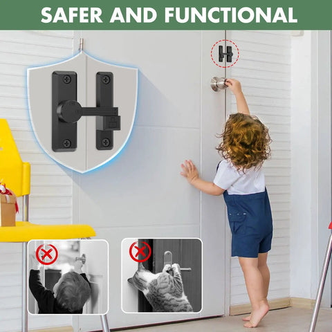 Child reaching for door with Barn Door Lock Latch With 90 180 Degree Flip For Sliding Doors Built To Last Zinc Alloy Security Lock visible