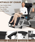 Woman sitting in Cozy Folding Recliner Chair With Adjustable Back And Removable Cushion For Indoor Outdoor Use 440 Pound Capacity