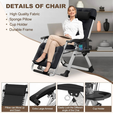Woman sitting in Cozy Folding Recliner Chair With Adjustable Back And Removable Cushion For Indoor Outdoor Use 440 Pound Capacity