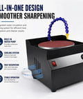 Versatile Wet Dry Bench Grinder And Powerful Electric Knife Sharpener With 7 Speed Settings For Metal Polishing And Tool Sharpening That Gets The Job Done Fast While Delivering A Slick Finish Every Single Time. Close-up of compact sharpener showing water circulation system.