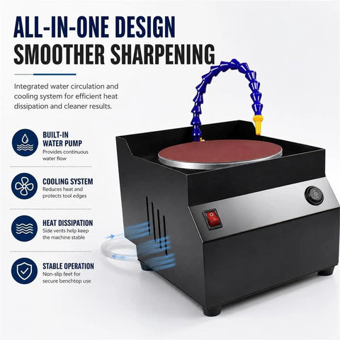 Heavy Duty Wet Dry Bench Sander And Electric Knife Sharpener With Water Cooling System showing built-in water pump and stable base.