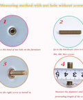 Measuring method for nut hole on furniture with M6 M8 M10 screws shown for natural wood table legs installation.