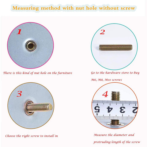 Measuring method for nut hole on furniture with M6 M8 M10 screws shown for natural wood table legs installation.