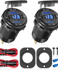 2 Pack 12V To 24V Cigarette Lighter Outlet With Voltmeter Quick Charge 3.0 Dual USB Port Adapter, black aluminum alloy with digital display, auto/boat use.