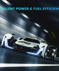 Futuristic white race car in tunnel illustrating power and fuel efficiency.