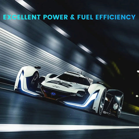 Futuristic white race car in tunnel illustrating power and fuel efficiency.