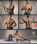 Flybird Twister Arm Trainer With Ab Roller Wheel shown in use for biceps, chest, back, and core exercises, adjustable gym equipment.