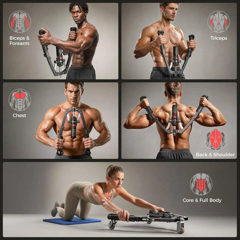 Flybird Twister Arm Trainer With Ab Roller Wheel shown in use for biceps, chest, back, and core exercises, adjustable gym equipment.