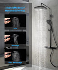 Thermostatic Shower System With Tub Spout And 9 Inch Rain Shower Head Plus 3 Setting Handheld Sprayer Wall Mounted Slide Bar Mixer In Black Finish For Modern Bathroom displaying rain shower and handheld sprayer modes.