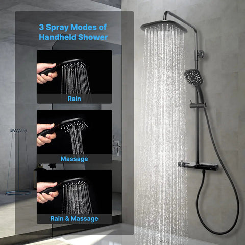 Thermostatic Shower System With Tub Spout And 9 Inch Rain Shower Head Plus 3 Setting Handheld Sprayer Wall Mounted Slide Bar Mixer In Black Finish For Modern Bathroom displaying rain shower and handheld sprayer modes.