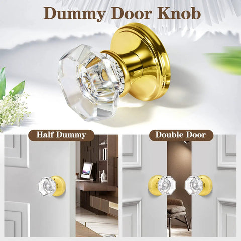 4 Pack Glass Dummy Door Knobs For Single Side Use, Non Turning Pull Only Door Knob Set In Polished Brass Gold, Easy Install