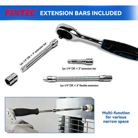 46 Piece One Quarter Inch Drive Socket Ratchet Wrench Set With Metric Sockets And Bit Set Plus Extension Bars Universal Joint