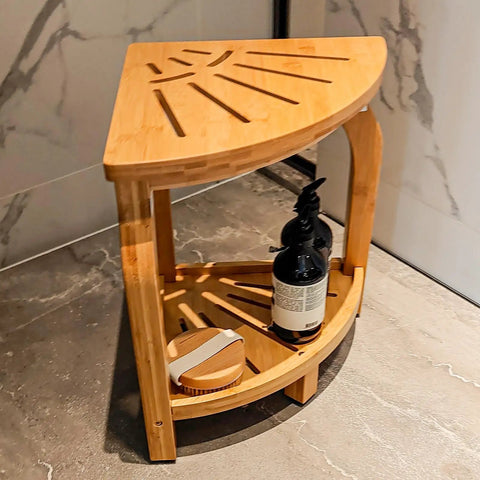 2-Tier Bamboo Shower Bench For Inside Shower No-Slip Legs 16 Inch Waterproof Bathroom Stool With Storage Shelf Sturdy