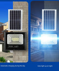 JUDYSSY Led Flood Light Outdoor, with Remote Control Solar Dusk to Dawn Solar Flood Light mounted on wall, solar panel charging.