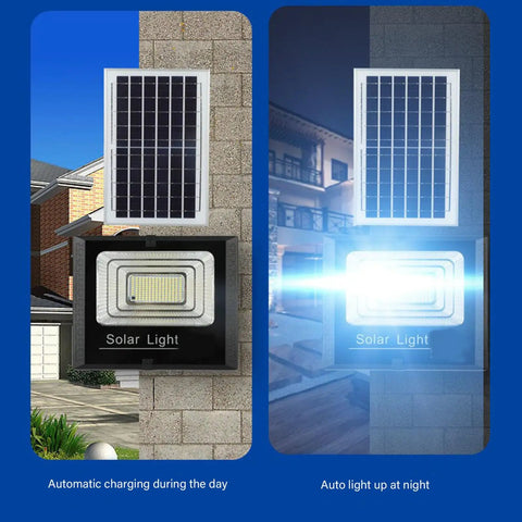 JUDYSSY Led Flood Light Outdoor, with Remote Control Solar Dusk to Dawn Solar Flood Light mounted on wall, solar panel charging.